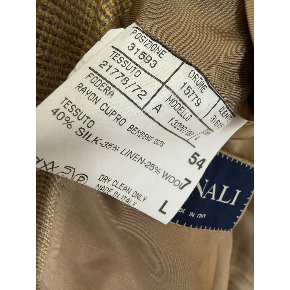 Canali Mens Silk Linen Wool Blazer Tan Gold Houndstooth Sport Coat Italy 54 L